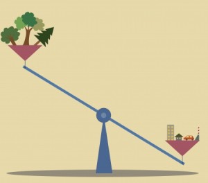 19628683 - cartoon of unbalance scale between nature and human construction